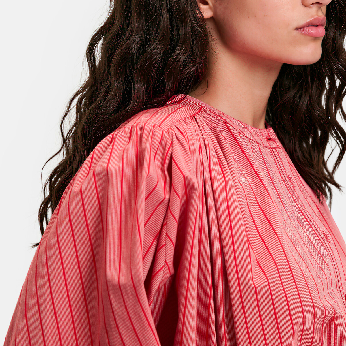 Blusa oversize con colletto alla coreana a righe in cotone, Signatures BERTHE rigato rosa/rosso, LA REDOUTE COLLECTIONS
