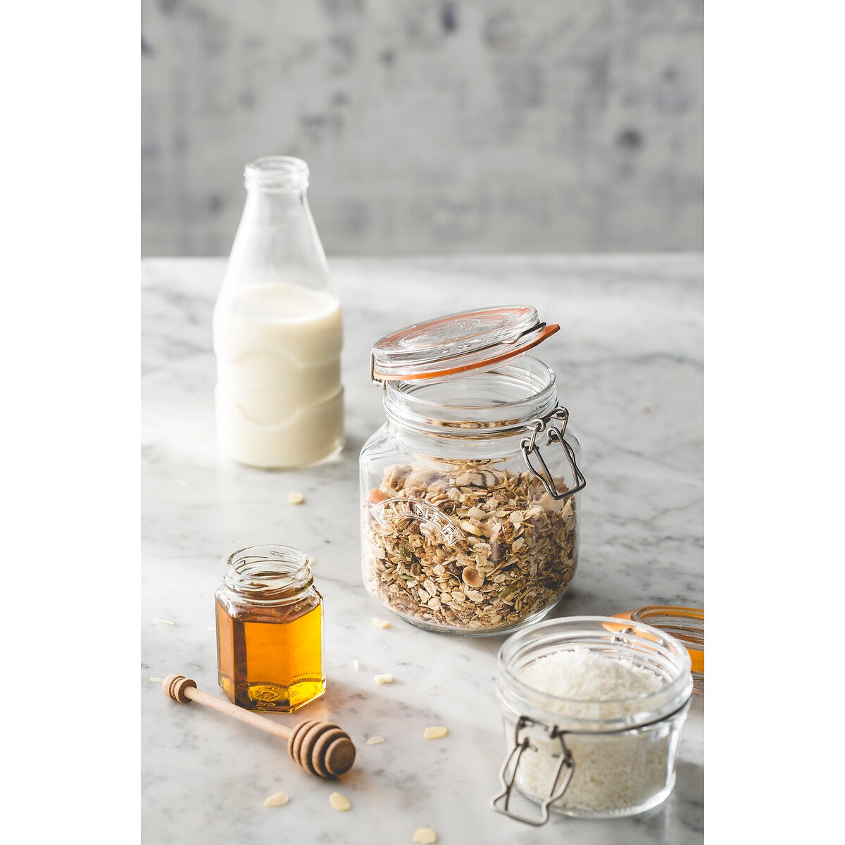 Set of 3 Clip Top Square Jars, 1L glass, KILNER