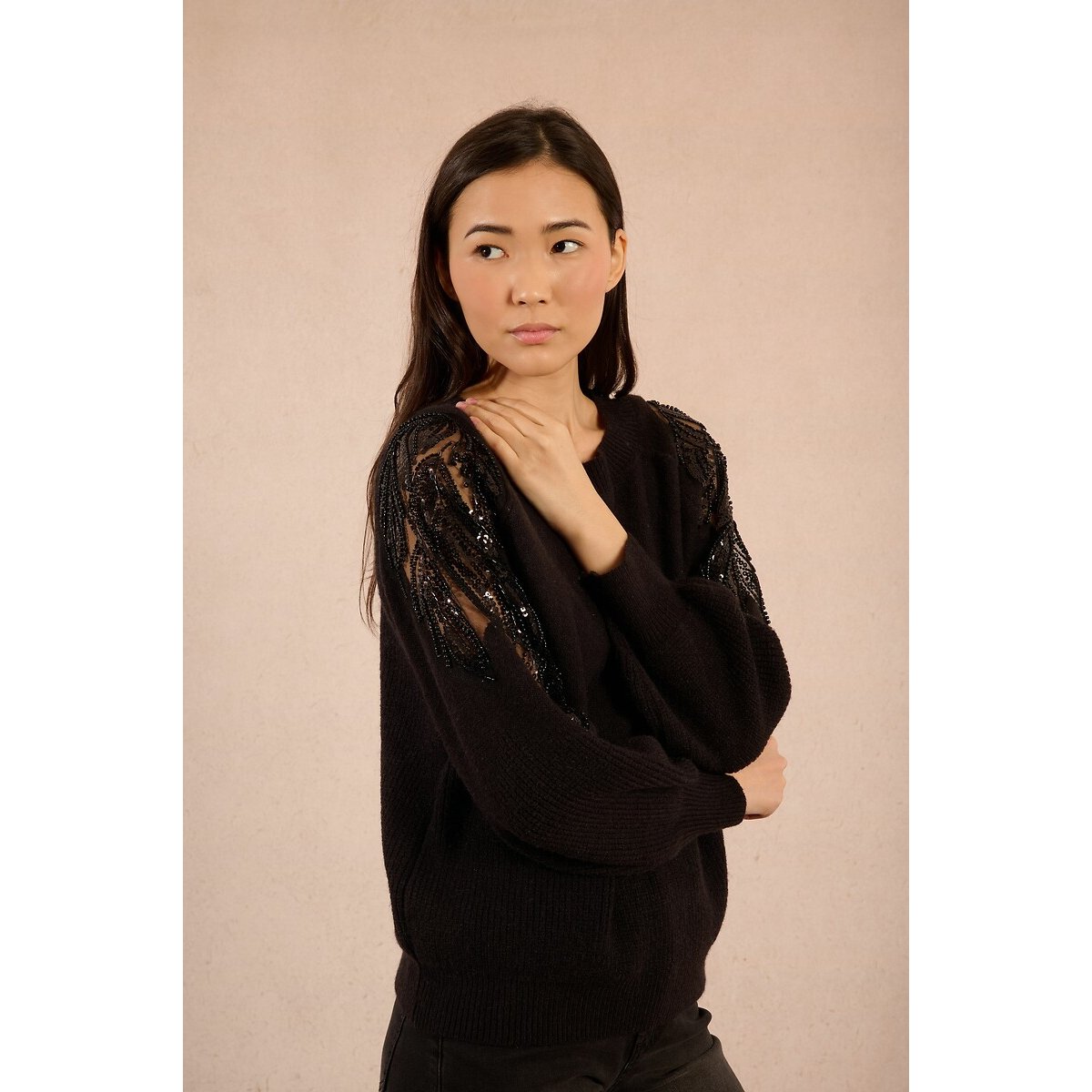 Knitted Jumper with Openwork Shoulders black, MOLLY BRACKEN