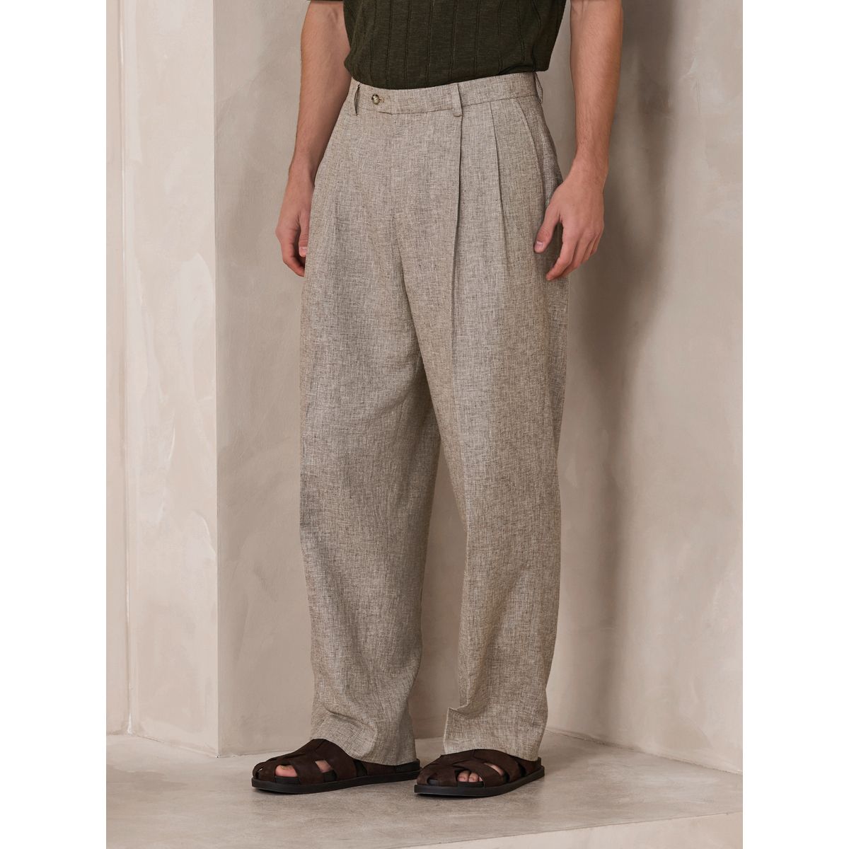 Pantalon de costume texturé en mélange lin naturel, NEXT
