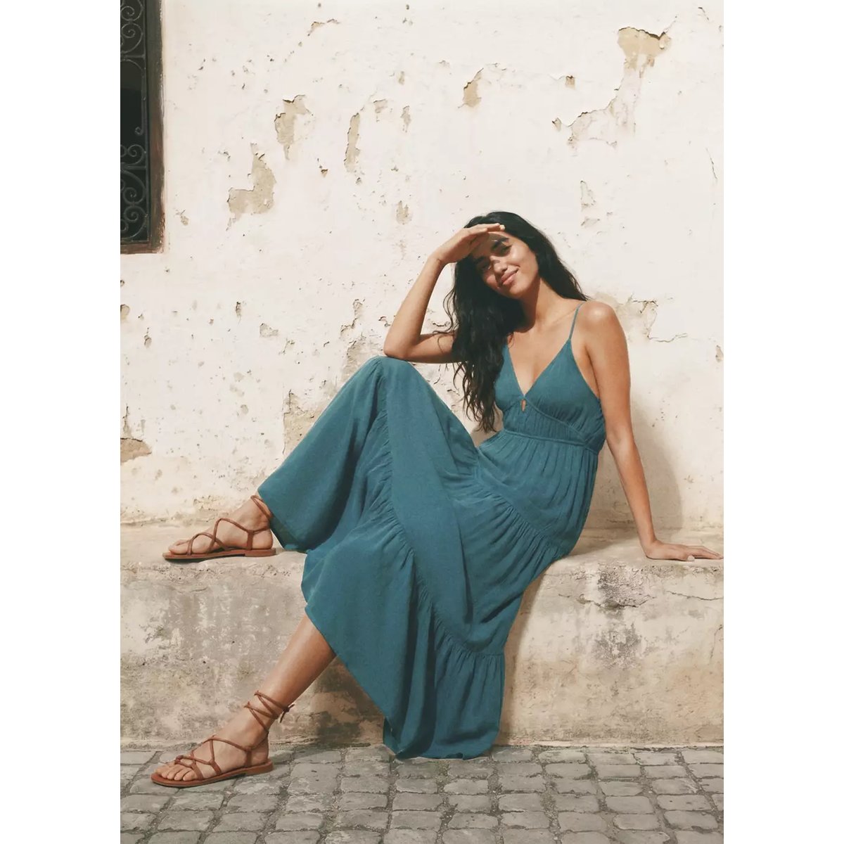 Robe fluide avec empiècements bleu pétrole, MANGO TEEN