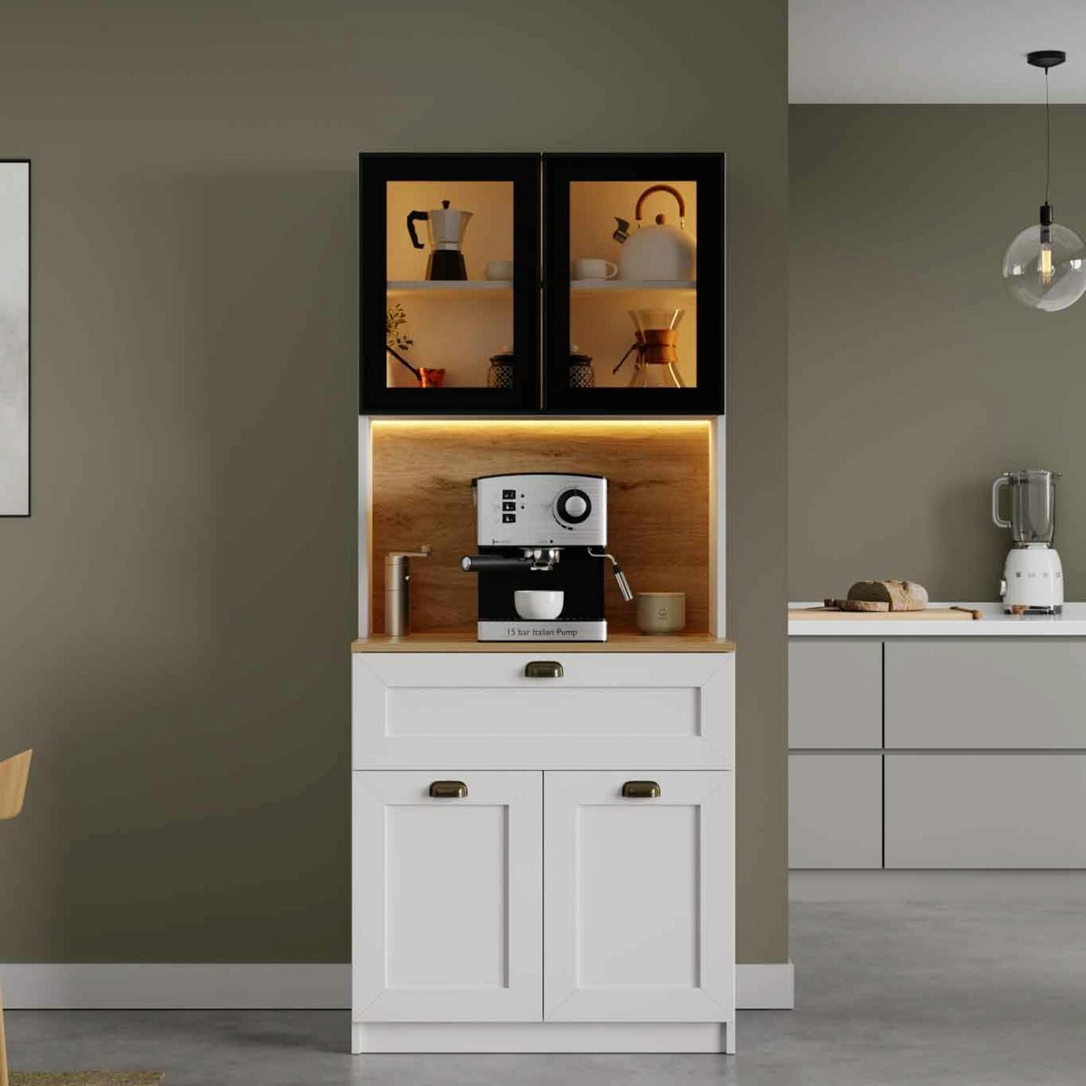Vaisselier de cuisine à LED 4 portes décor blanc et noir AURA blanc, PIER IMPORT