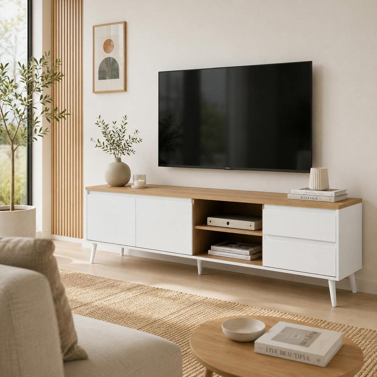Meuble TV scandinave 2 portes 2 tiroirs ALVA bois naturel, PIER IMPORT