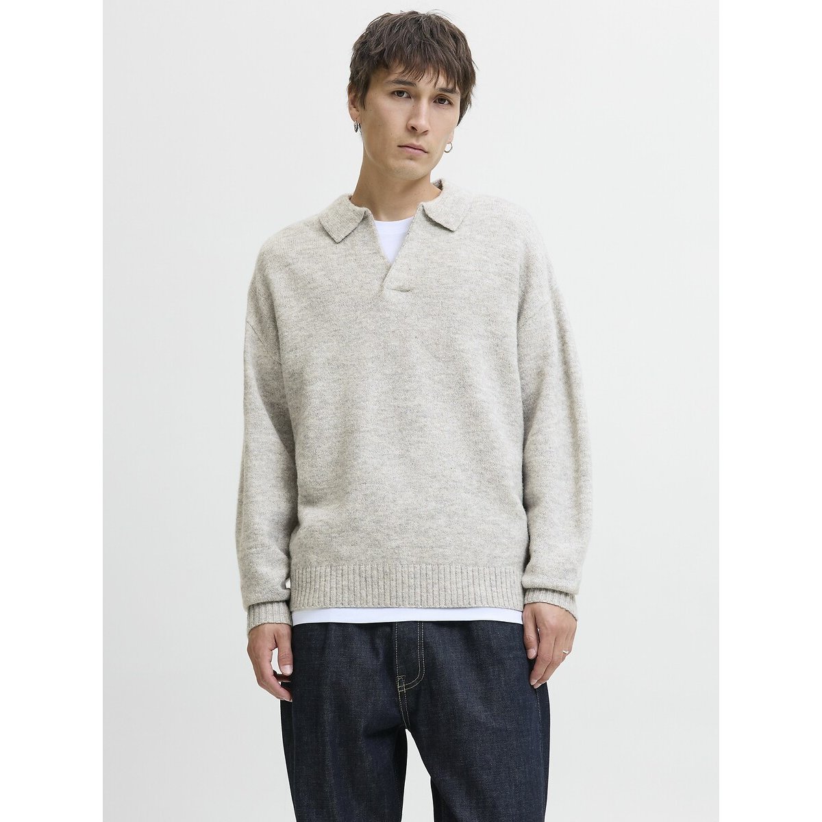 Pull col polo ouvert gris, JACK & JONES