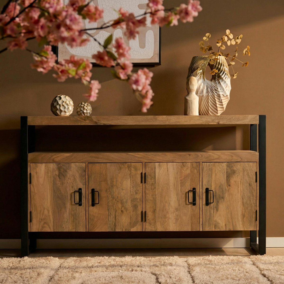 Buffet bois métal 4 portes double plateau MILORA bois naturel, PIER IMPORT