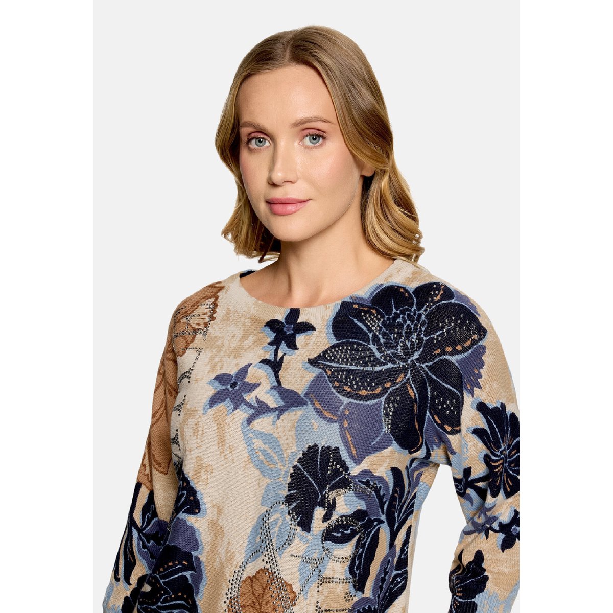 Pull-over en maille à manches chauve-souris beige/bleu, BETTY BARCLAY