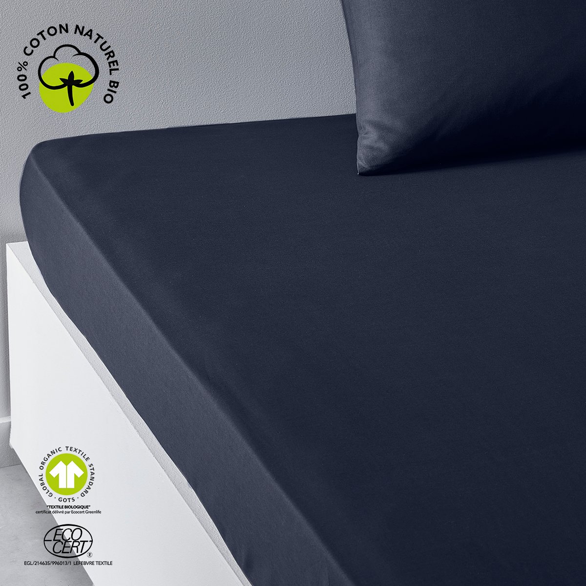 Drap housse grand bonnet pour lit BIO ORGANIC bleu marine, TODAY