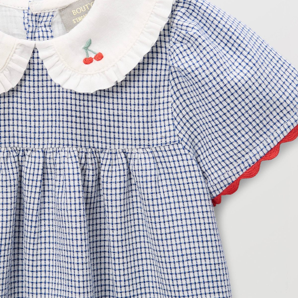 Robe avec bloomer à carreaux et à col brodé en coton pierre bleue, BOUT'CHOU