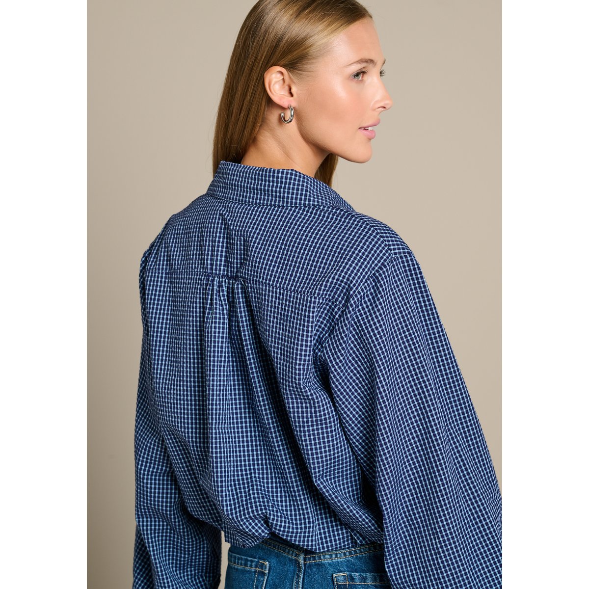 Chemise ballon à carreaux cur brodé bleu marine, LOLALIZA