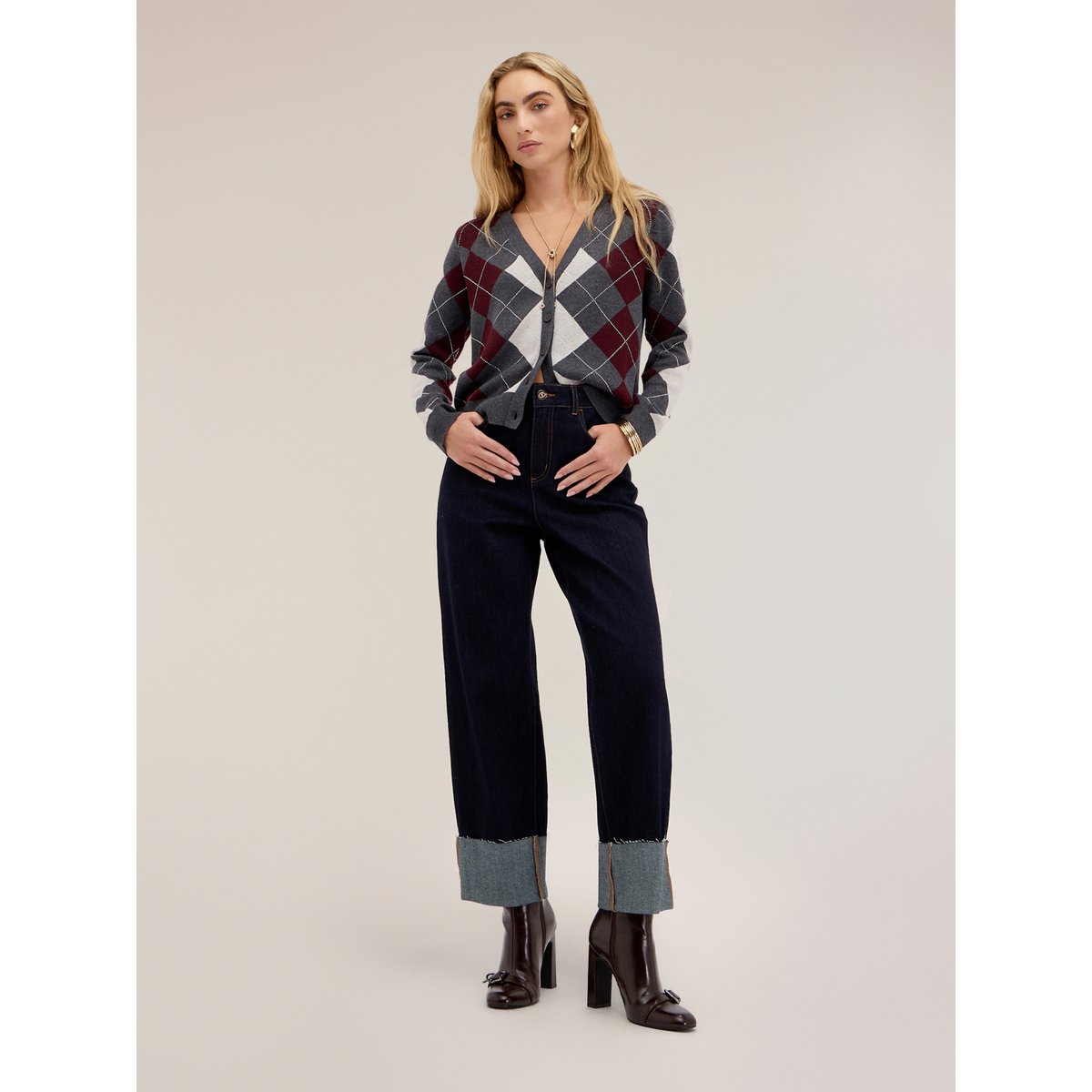 Jean cropped taille haute avec revers bleu, MOTIVI