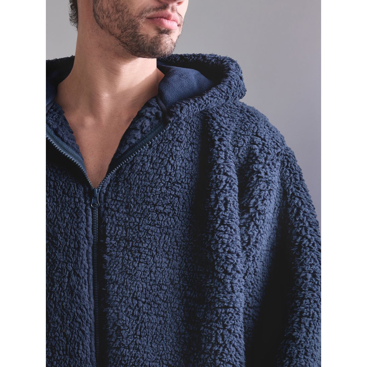 Robe de chambre zippé en peau lainée bleu marine, NEXT