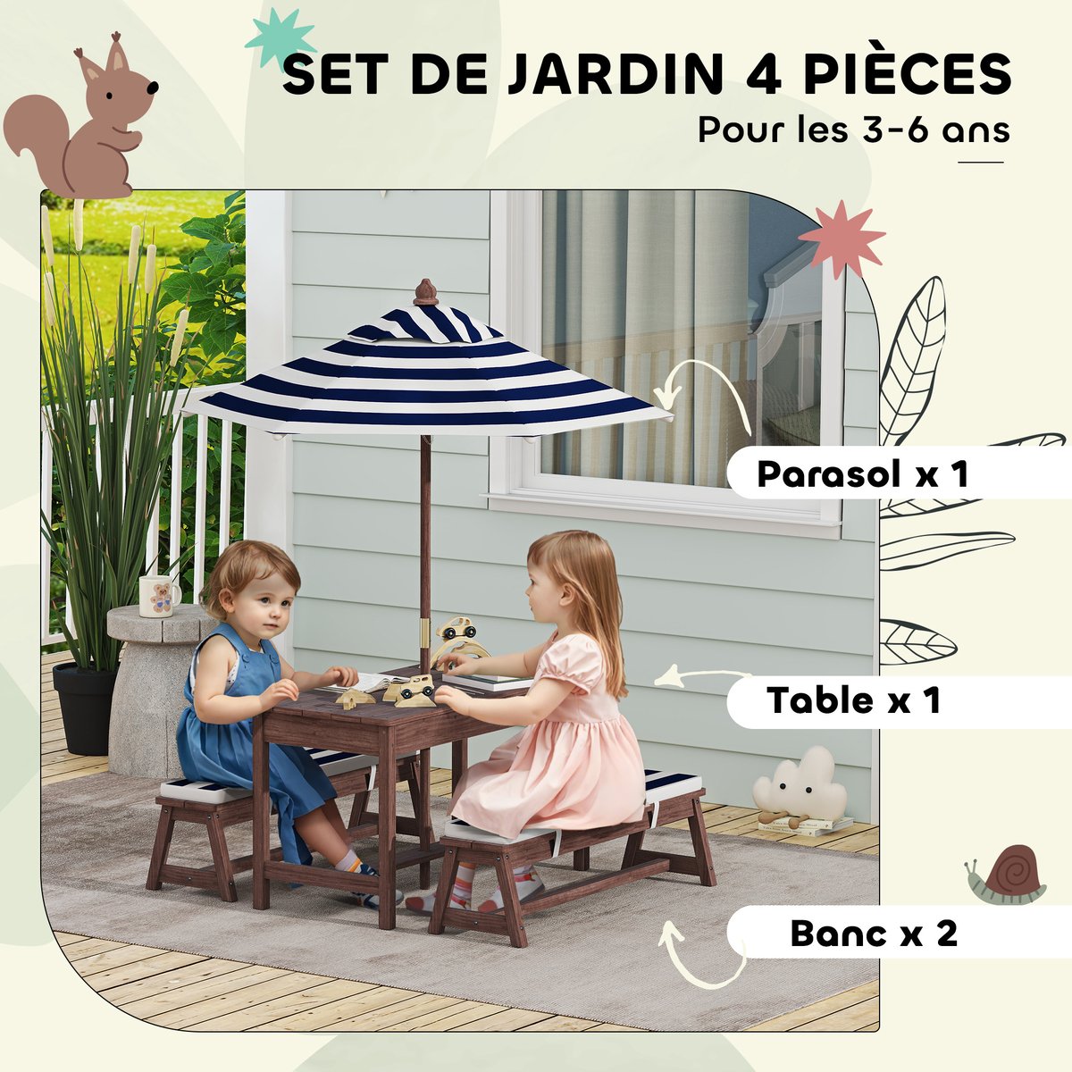 Ensemble de table et chaises de jardin pour marron, bleu et blanc, AIYAPLAY