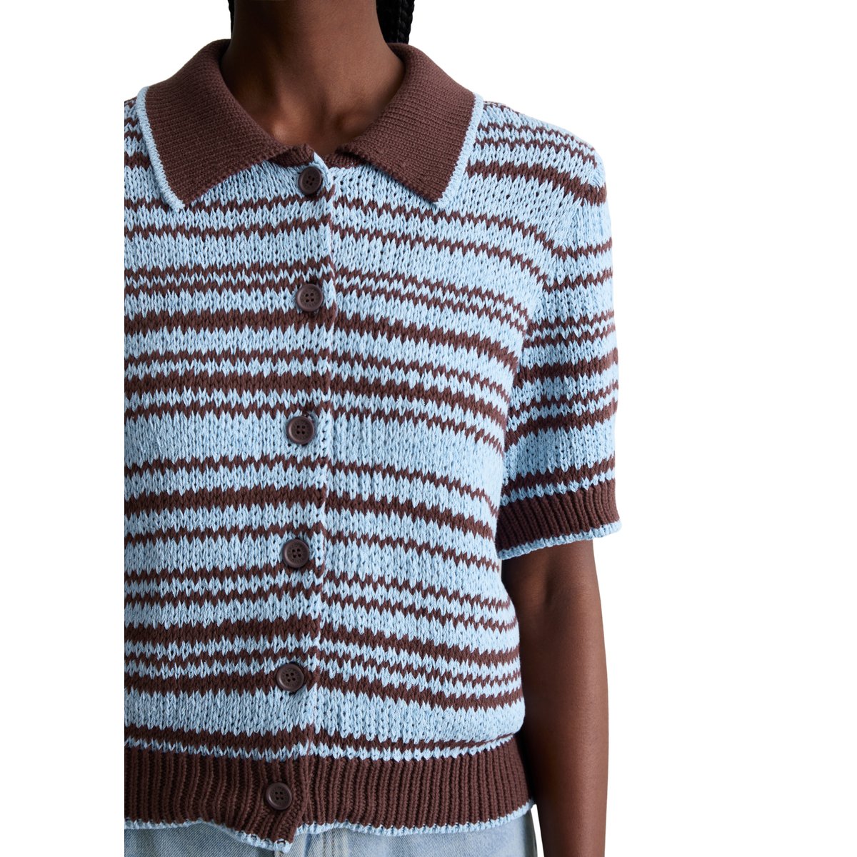 Polo cardigan regular en fil à bandelettes teinté dans la masse marron fonce, MARC O’POLO DENIM