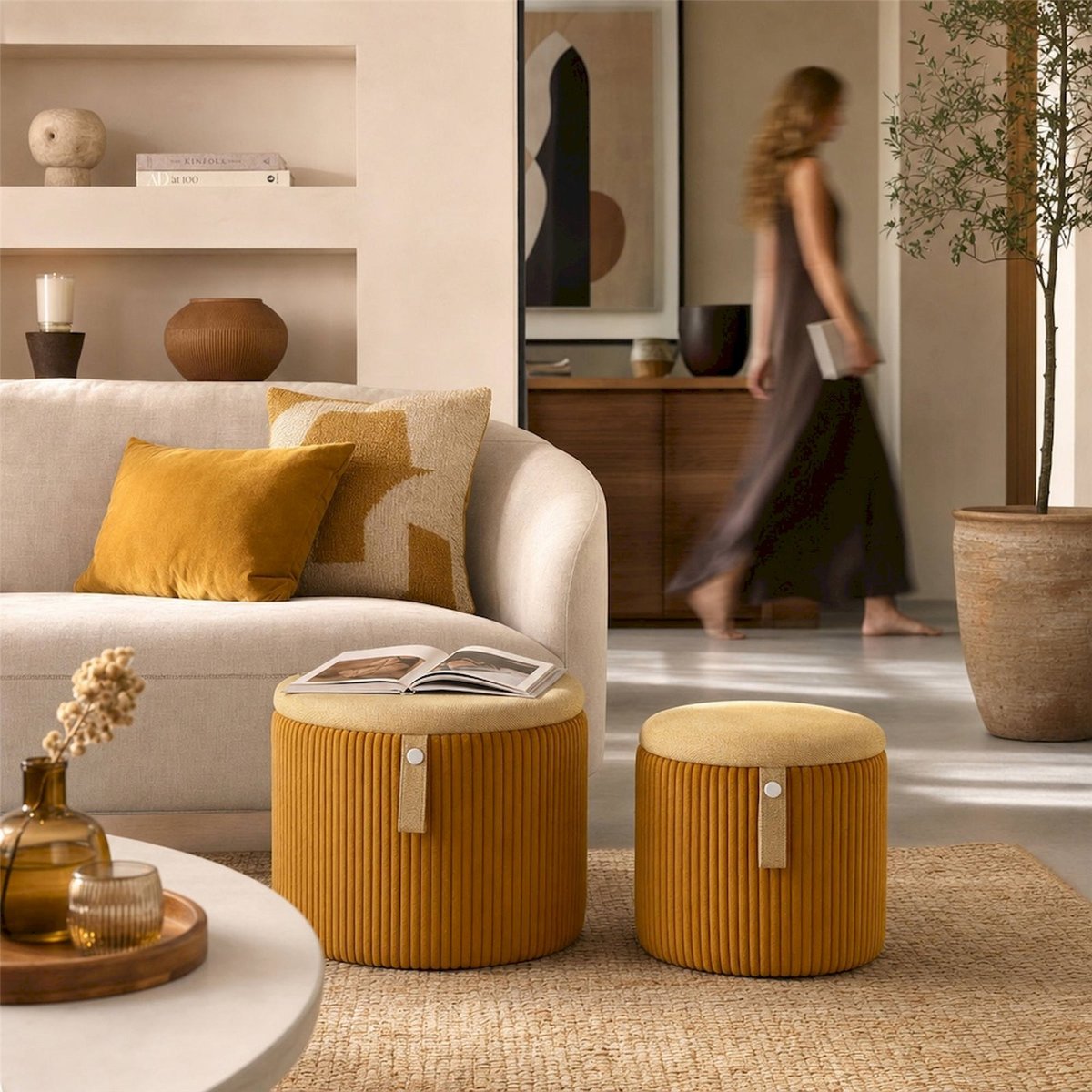 Lot de 2 poufs coffres ronds MODERN moutarde, RECOLLECTION