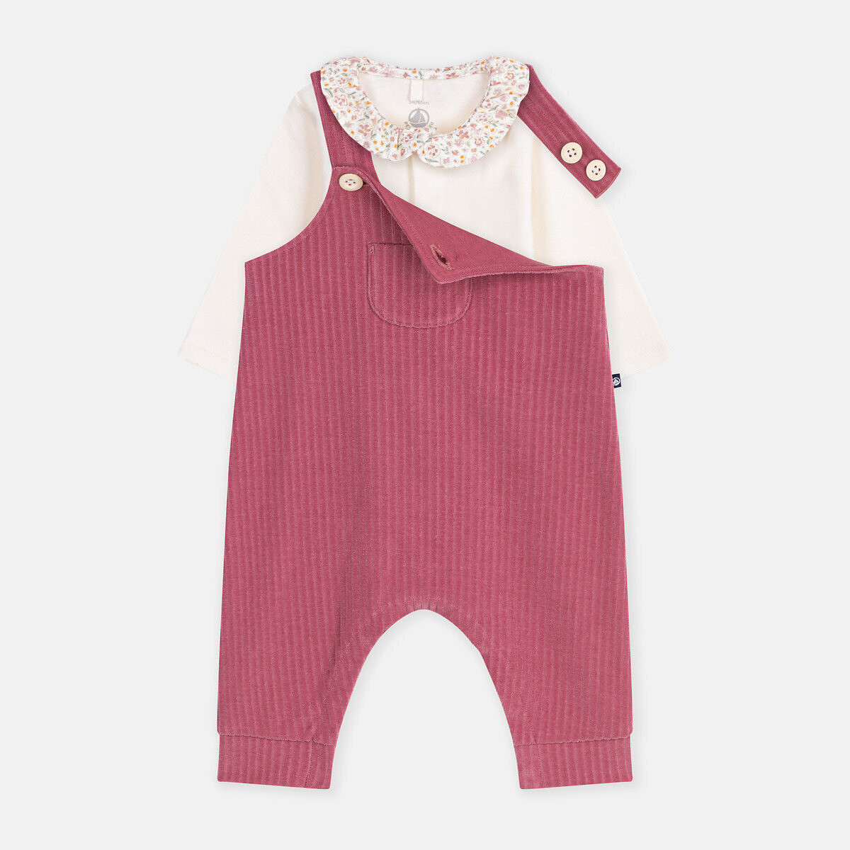 Set composto da salopette e body in felpa, con collo con stampa floreale blu + écru, PETIT BATEAU
