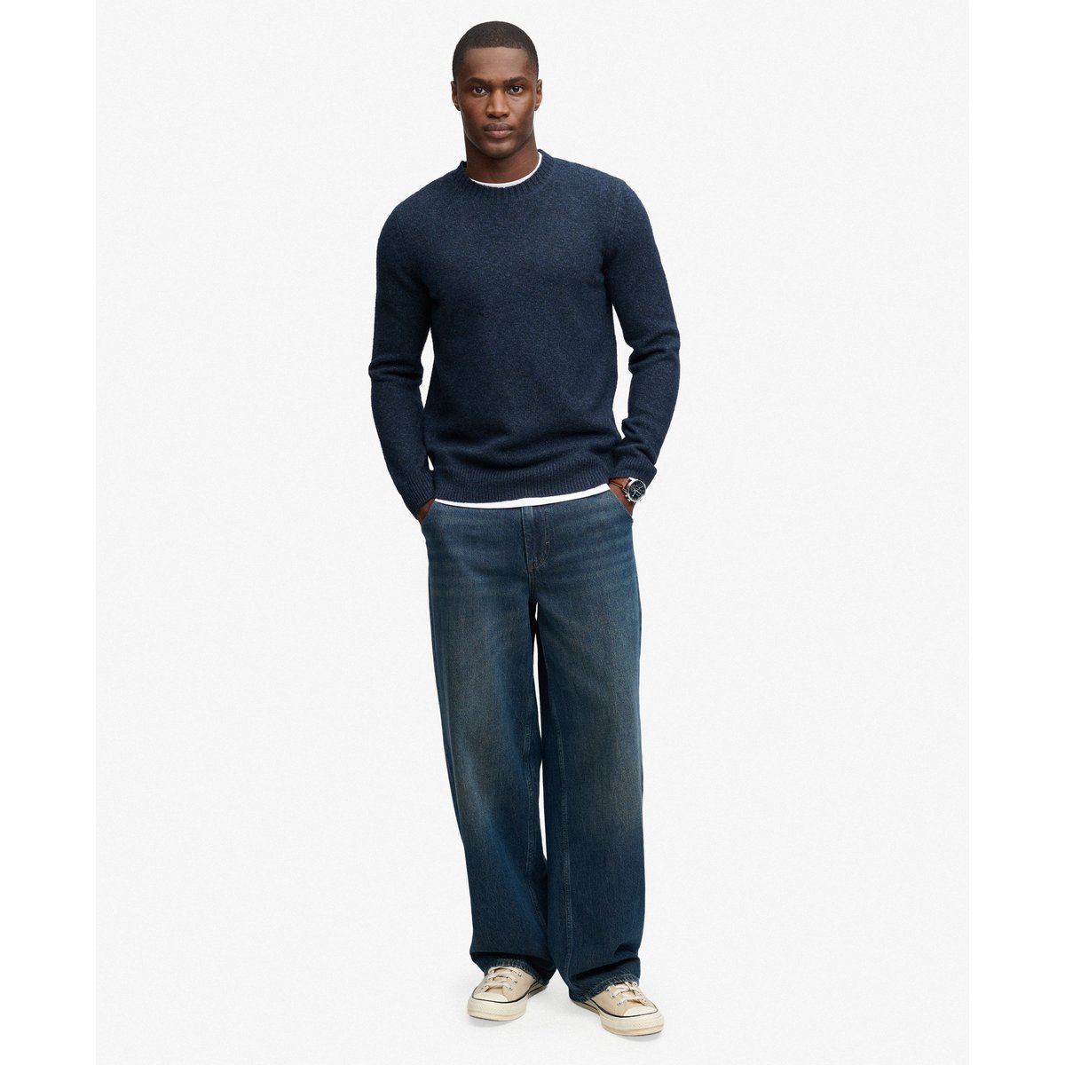 Pull à Manches Torsadées Brossé bleu marine foncé chiné, SUPERDRY