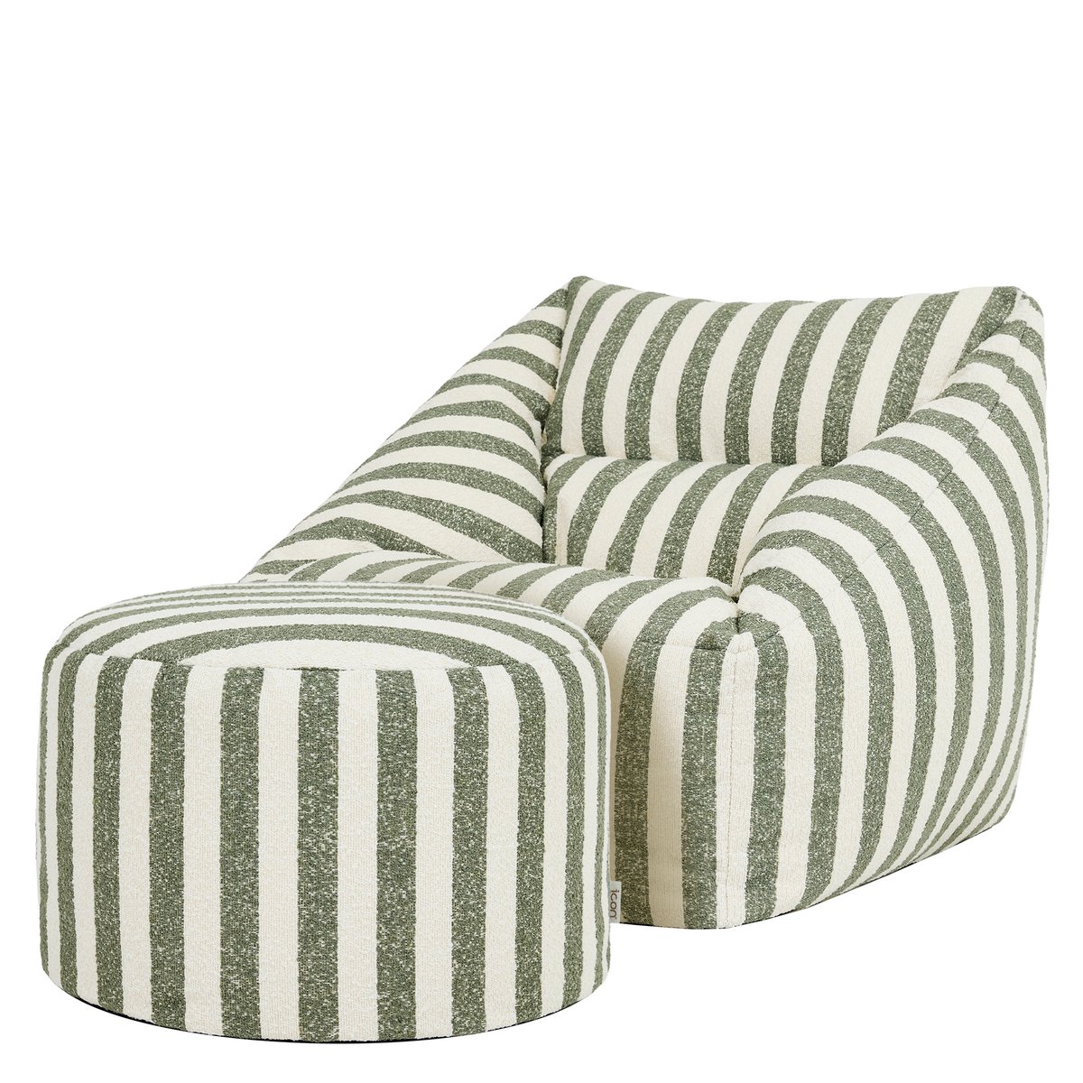 Pouf fauteuil et son repose-pied rond en bouclette rayée Oeko-Tex® - NATALIA vert olive, ICON