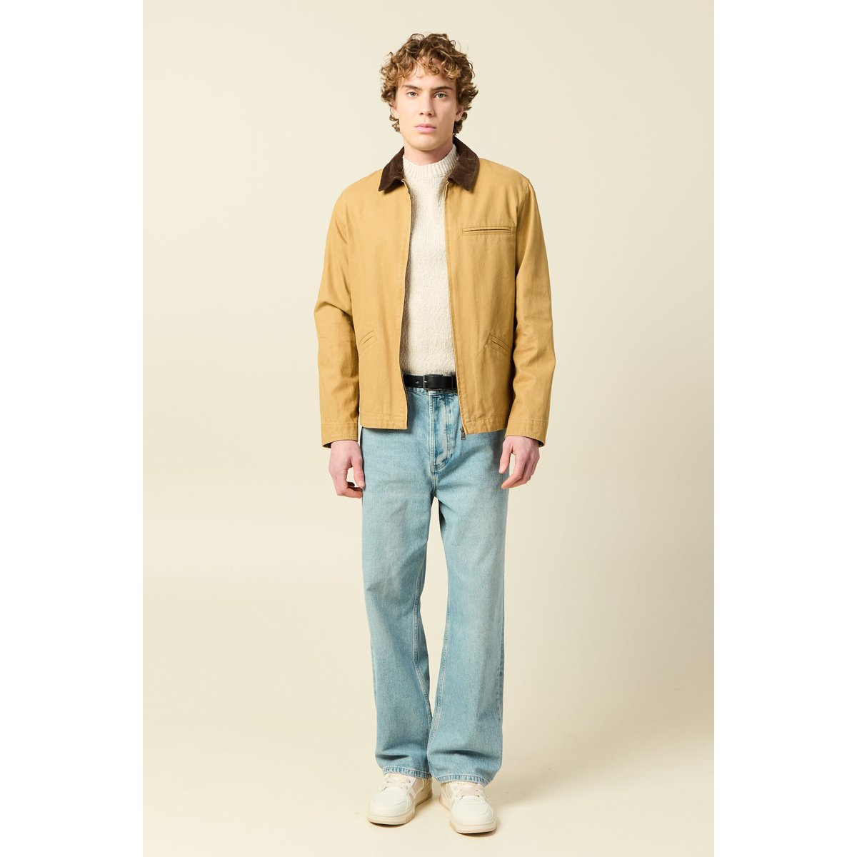 Pull col rond manches longues en coton sable, BONOBO