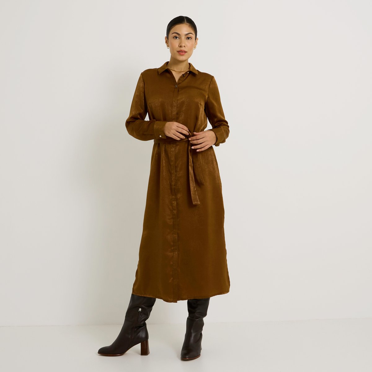 Robe longue satinée marron camel, GRAIN DE MALICE