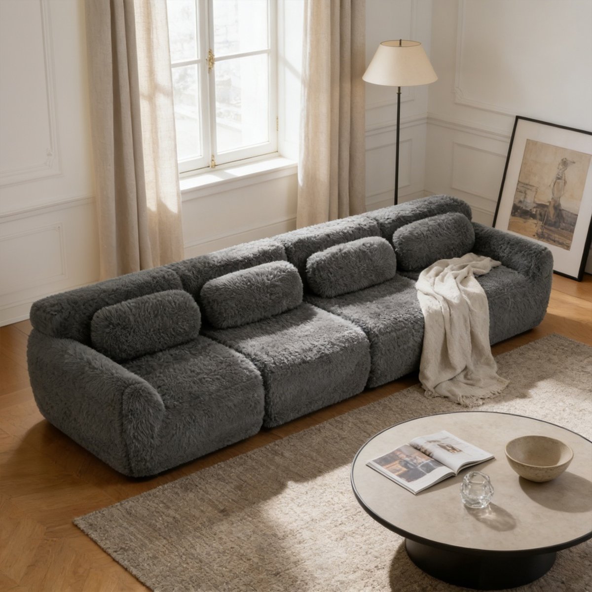 Canapé droit 4 places design moderne, WIND gris charbon, MEUBLES COSY