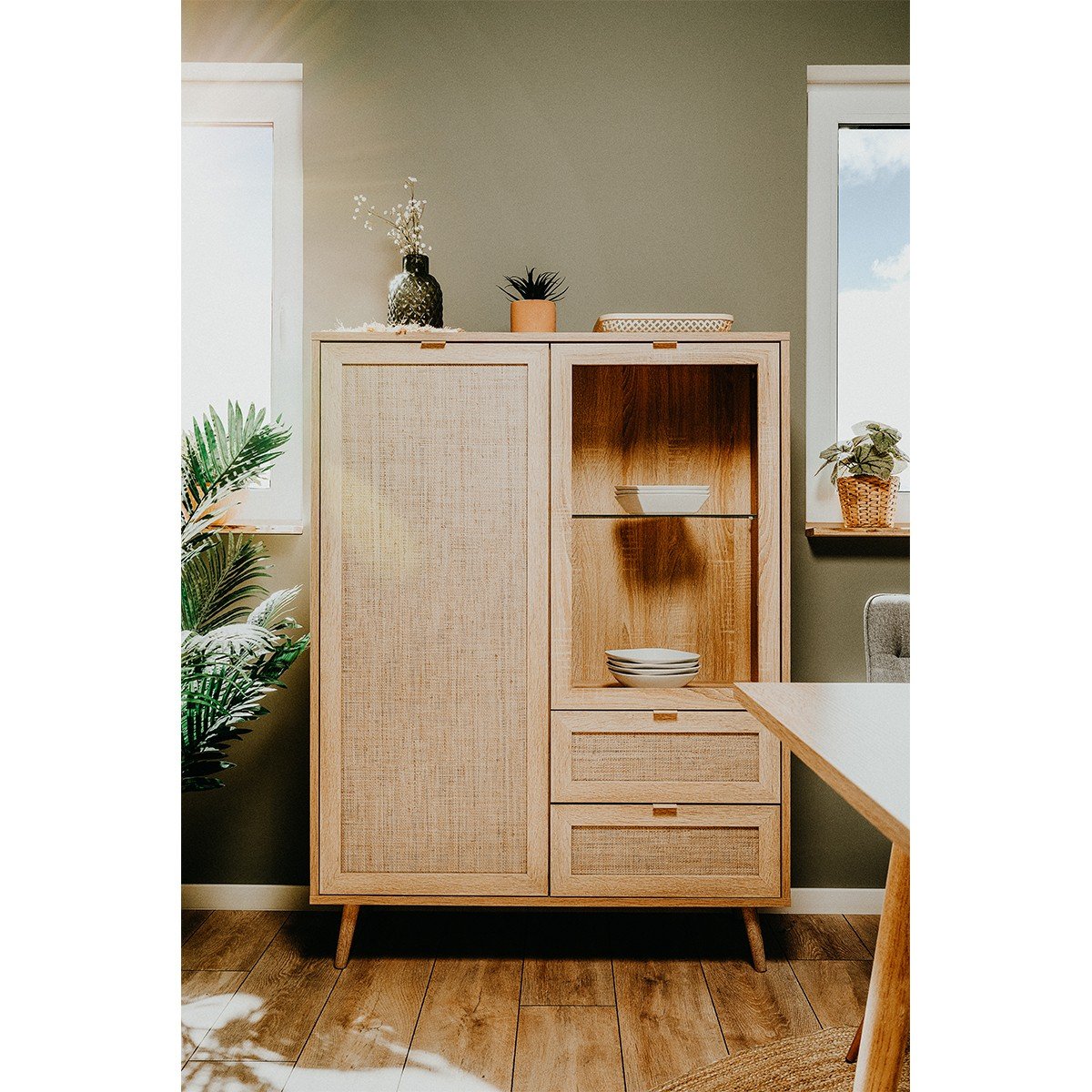 Vaisselier 2 portes 2 tiroirs H139 cm - Impression Rotin - BALI bois clair, CALICOSY