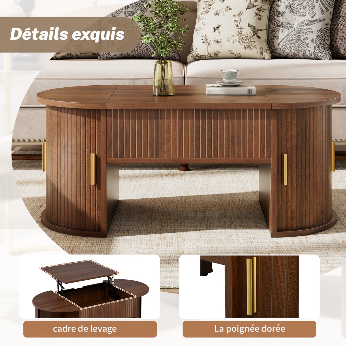 Table basse relevable ovale rangement, CHESTNUTB walnut, MEUBLES COSY
