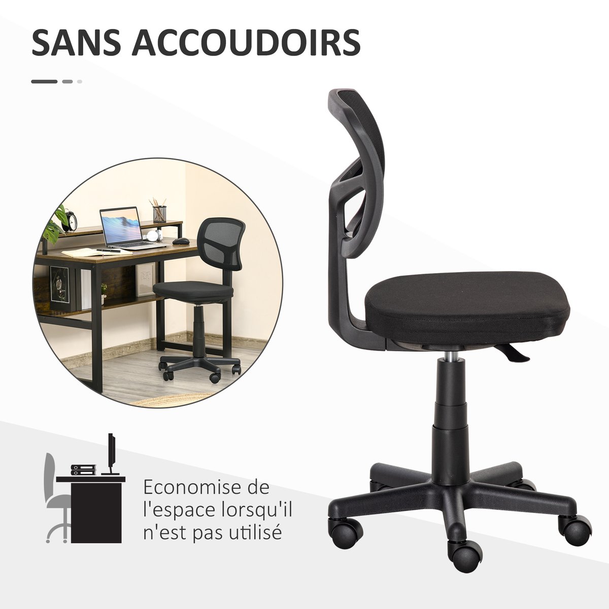 Chaise de bureau Maille (100% polyester) Noir noir, HOMCOM