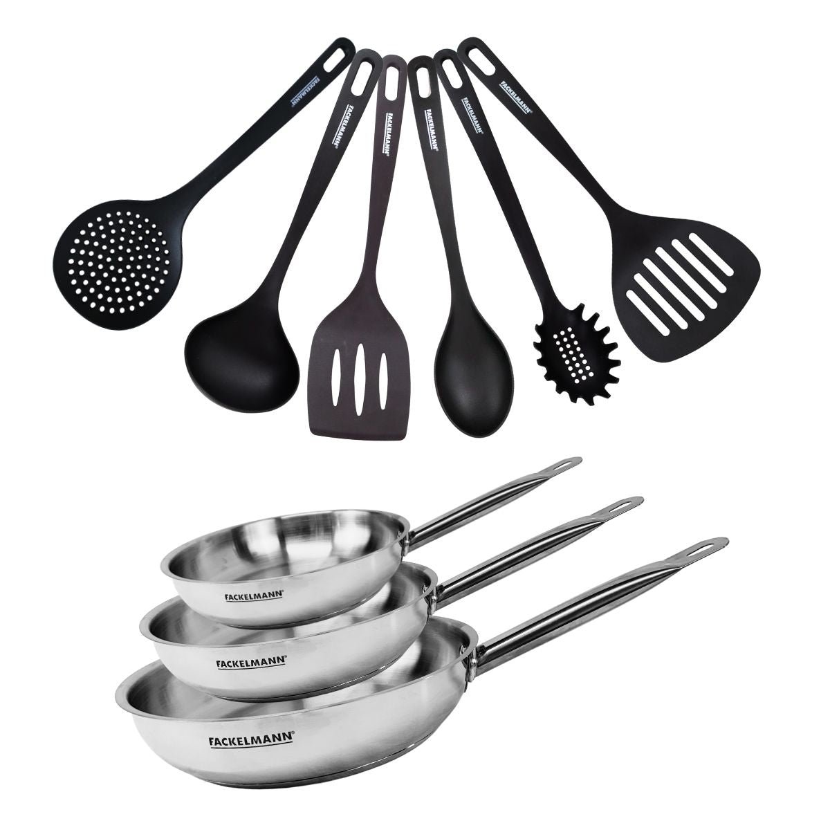 Set de 3 poêles 20 24 et en inox et 6 ustensiles ETERNA inox|noir, FACKELMANN