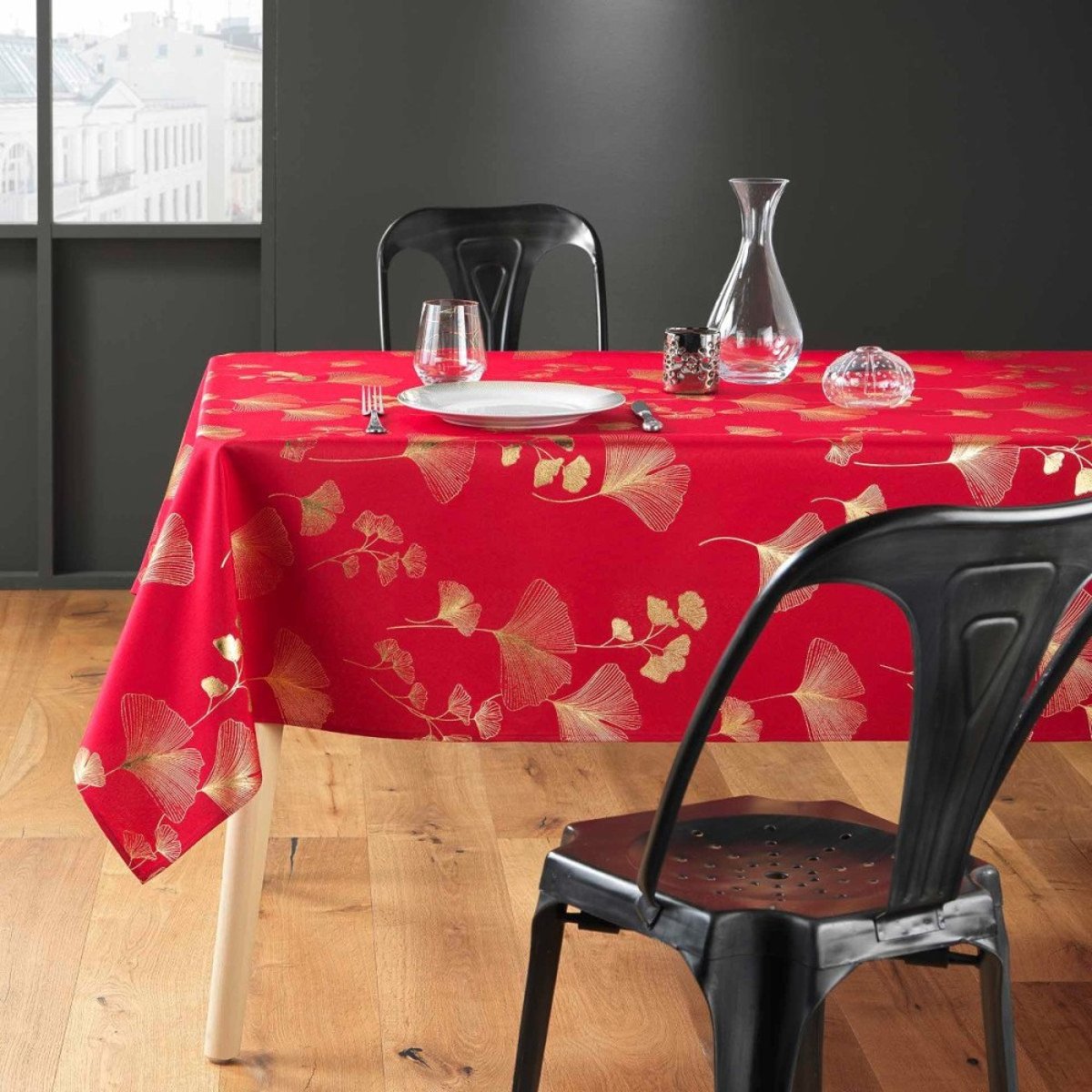 Nappe Rectangulaire 150x240 Antitache Imprimé Rouge Et Doré rouge, DECORATIE