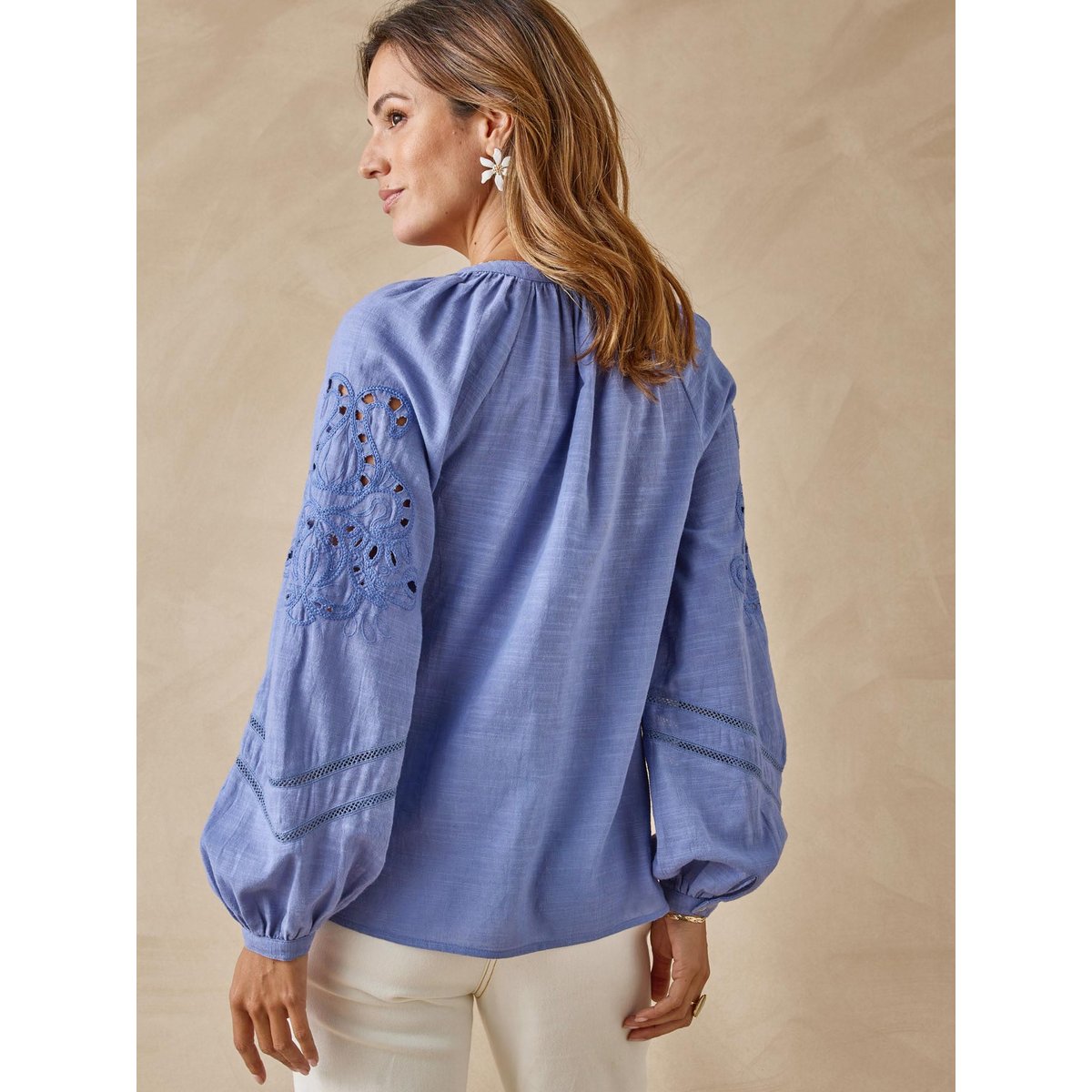 Blouse manches brodées femme bleu jean, DAXON