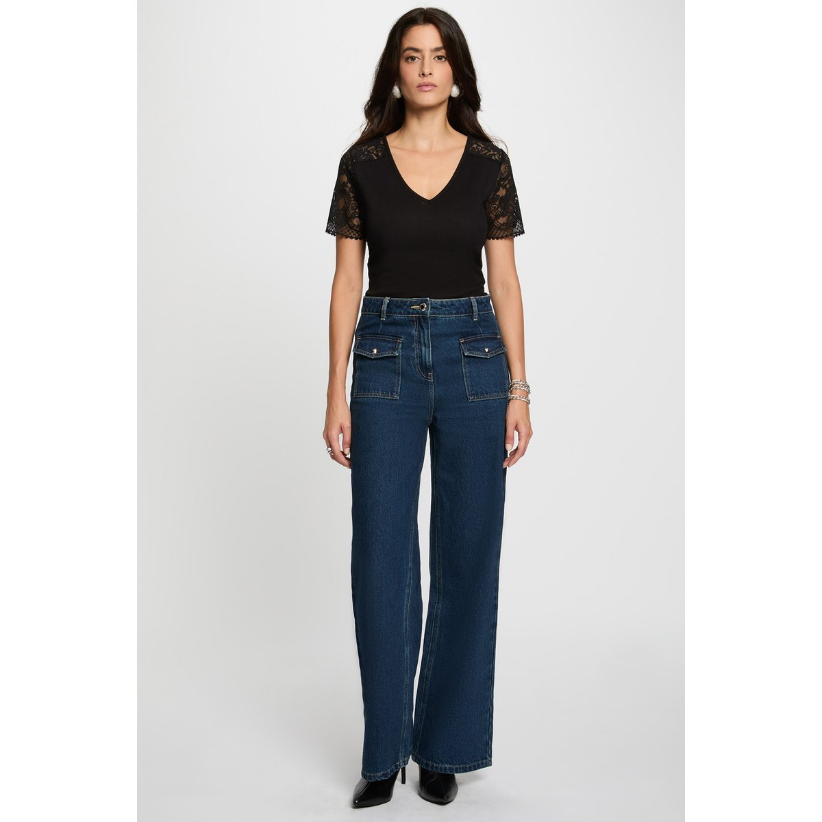 T-shirt dentelle col v noir, MORGAN