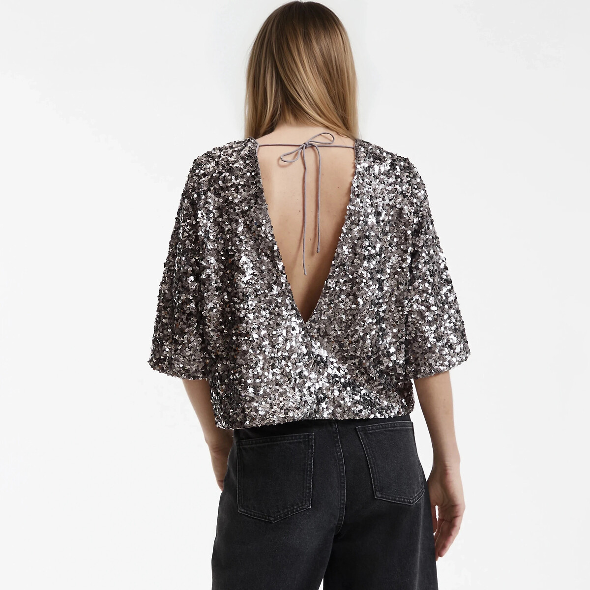 Short Sleeve Sequin Top silver grey, LA REDOUTE COLLECTIONS