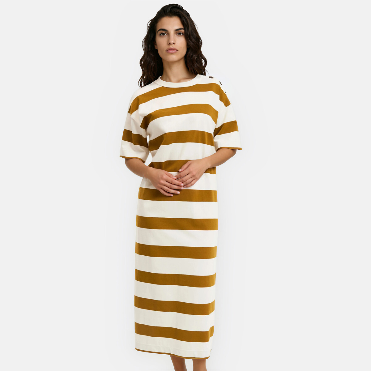 Robe longue rayée boutons épaules, manches courtes ecru rayé marron, LA REDOUTE COLLECTIONS