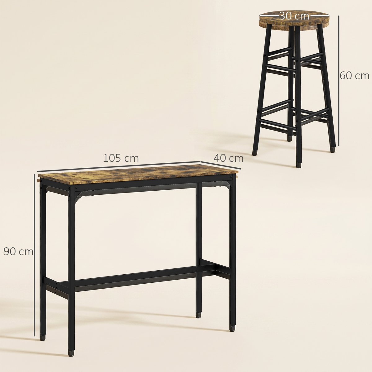 Ensemble de table de bar MDF Brun Rustique brun rustique, noir, HOMCOM