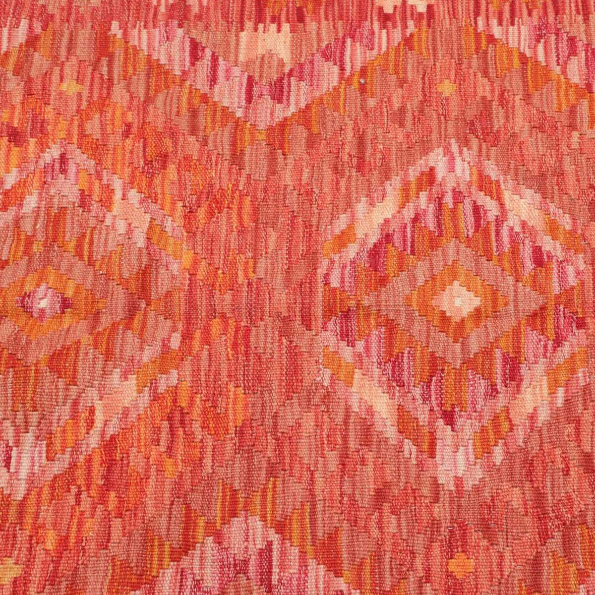 Tapis d'orient, motif géométrique artisanal, tissé plat, KILIM 12 rouge, orange, rose, UN AMOUR DE TAPIS