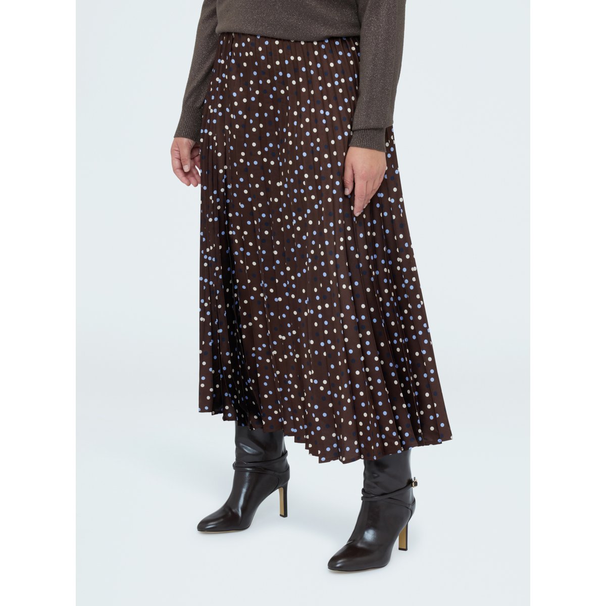 Jupe longue à pois en satin plissé marron, FIORELLA RUBINO