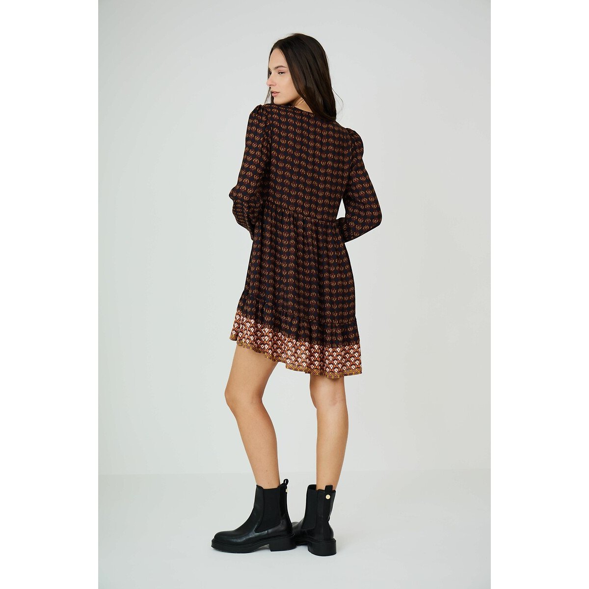 Tribal Print Mini Dress with Long Sleeves and V-Neck print/navy background, SEE U SOON