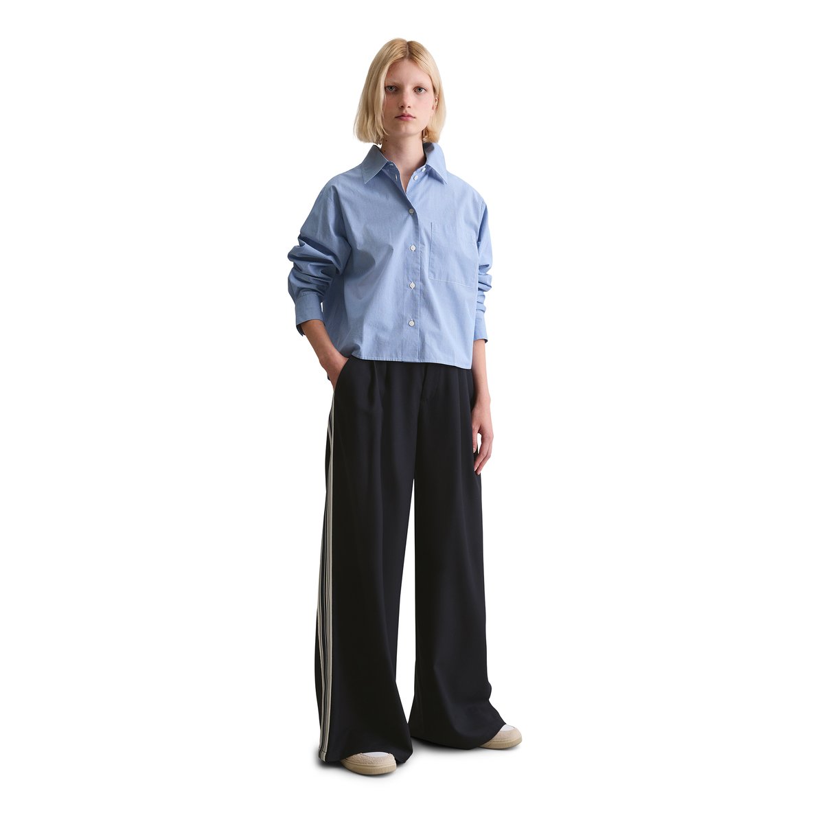 Blouse à carreaux relaxed cropped en popeline Papertouch bleu fooncé, MARC O’POLO DENIM