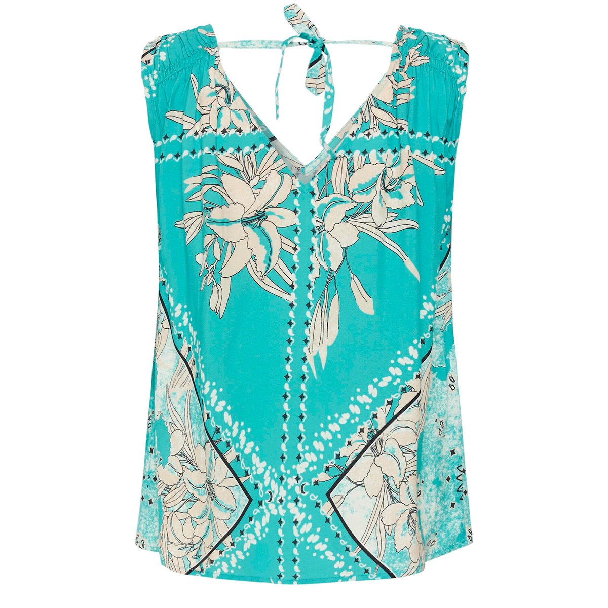 Blouse sans manches bleu ceramic scarf print, CREAM
