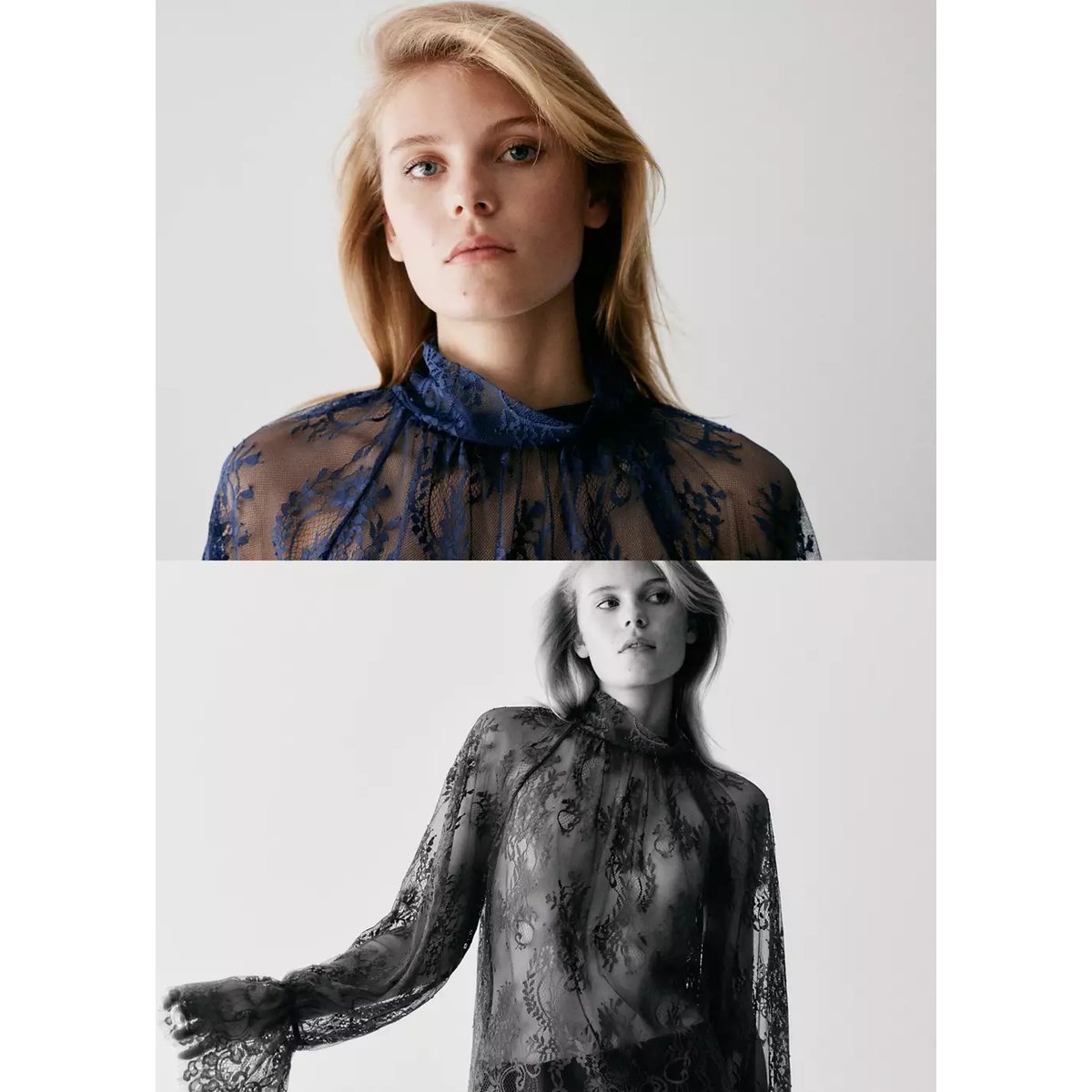Blouse dentelle fleurie bleu, MANGO