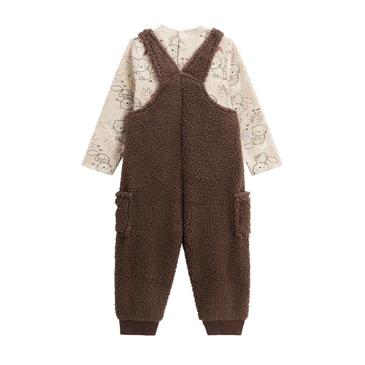 Ensemble salopette bébé en sherpa et t-shirt Cracotte marron, PETIT BEGUIN