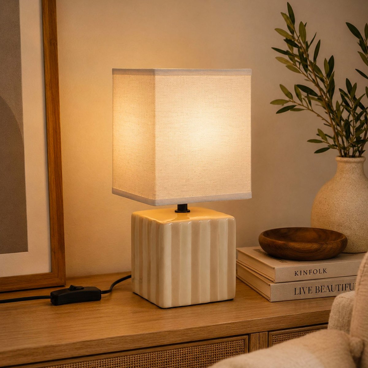 Lampe à poser carrée en céramique rayée beige 14x14x27.5cm beige, VERSA
