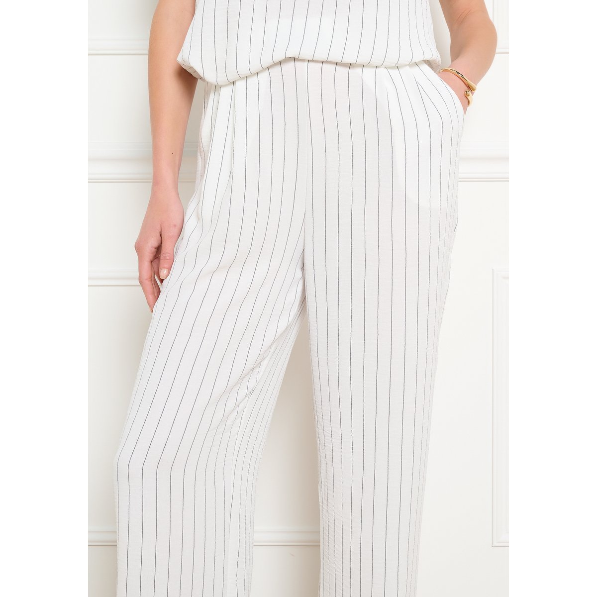 Pantalon large fluide rayé blanc vanille, LOLALIZA