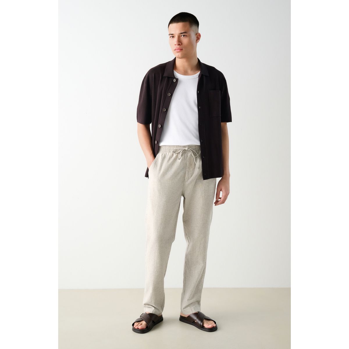 Pantalon en lin et coton à rayure écru/marron champignon, NEXT