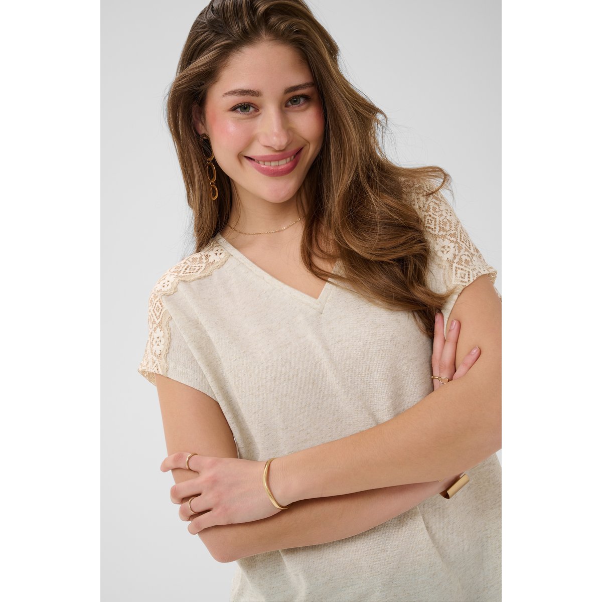 T-shirt à manches courtes beige bleached sand melange, CREAM