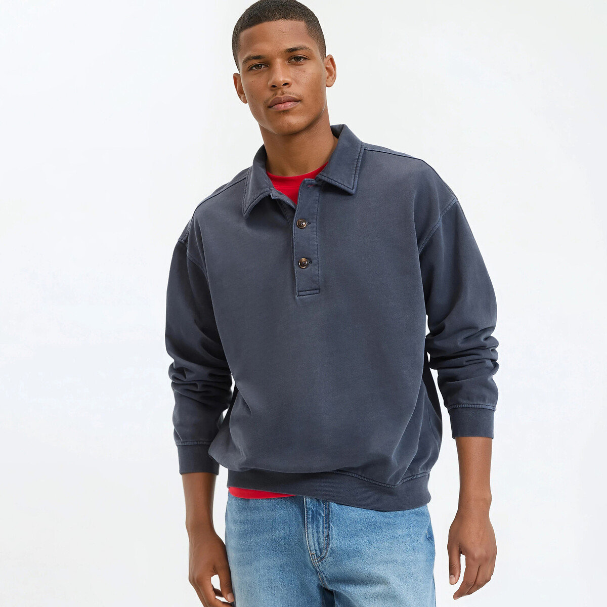 Stonewashed boxy sweatshirt met polokraag marineblauw, LA REDOUTE COLLECTIONS