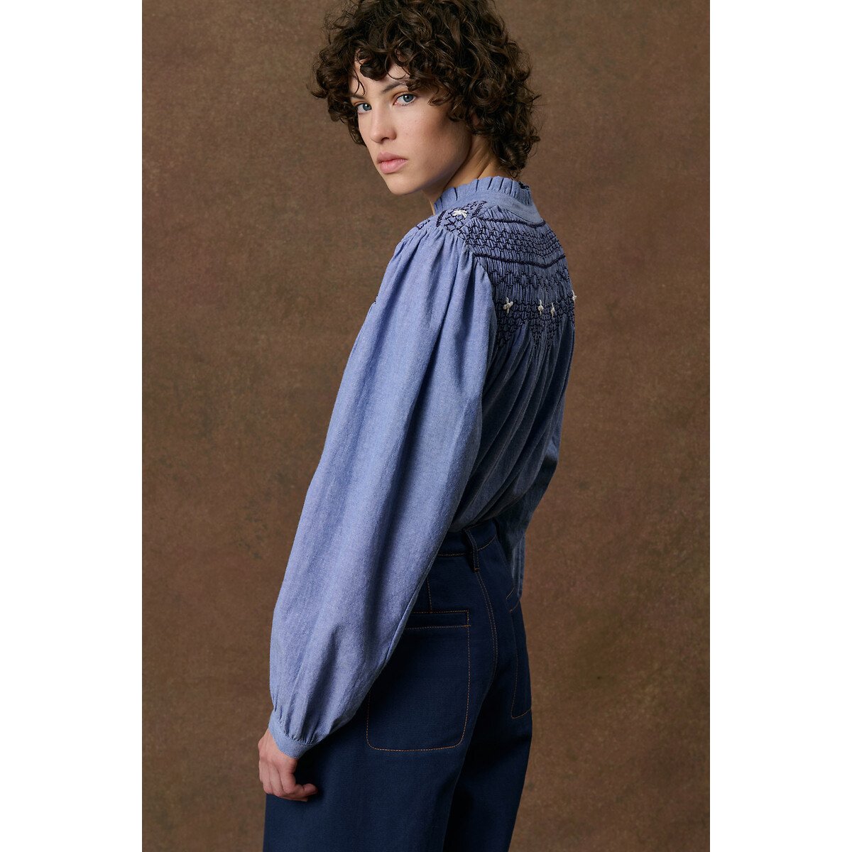 Blouse col rond brodée et smockée, LOUISE bleu, LOUISE MISHA