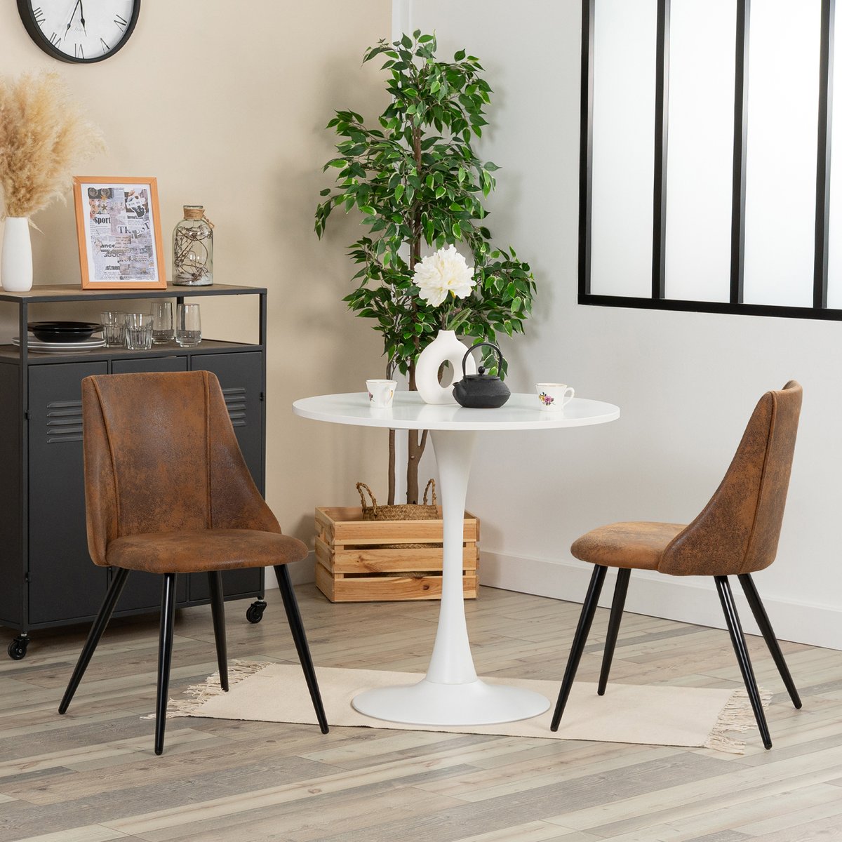 Ensemble table à manger ronde avec 2 chaises, CLIFTWHITESET brown, MEUBLES COSY