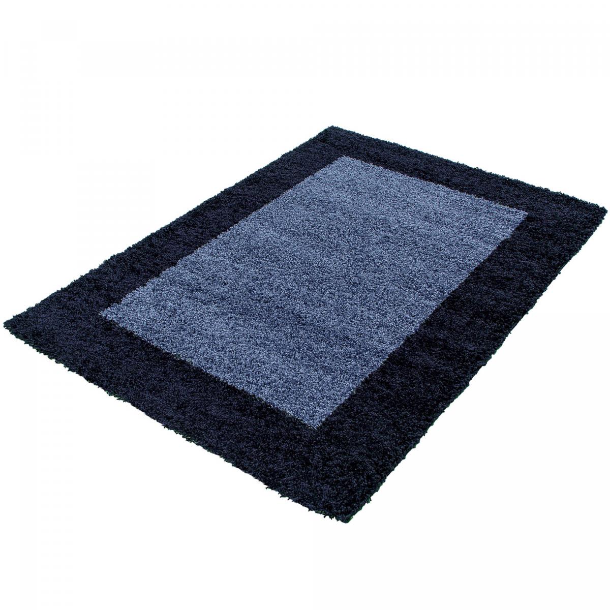 Tapis poils longs shaggy tissé motif simple BORDURE bleu, bleu foncé, UN AMOUR DE TAPIS