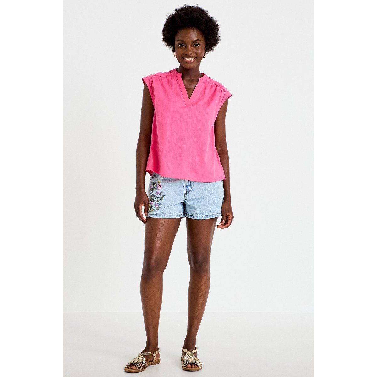 Blouse droite sans manches col v rose fushia, CACHE CACHE